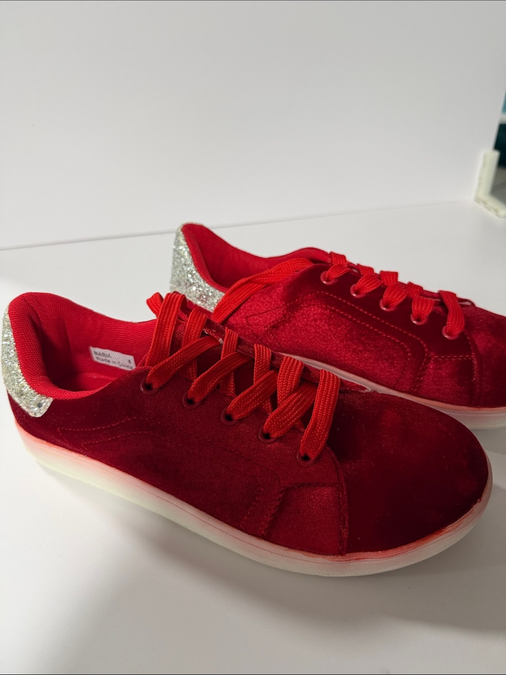 Red Velvet Lace-Up Sneakers with Glitter Heel